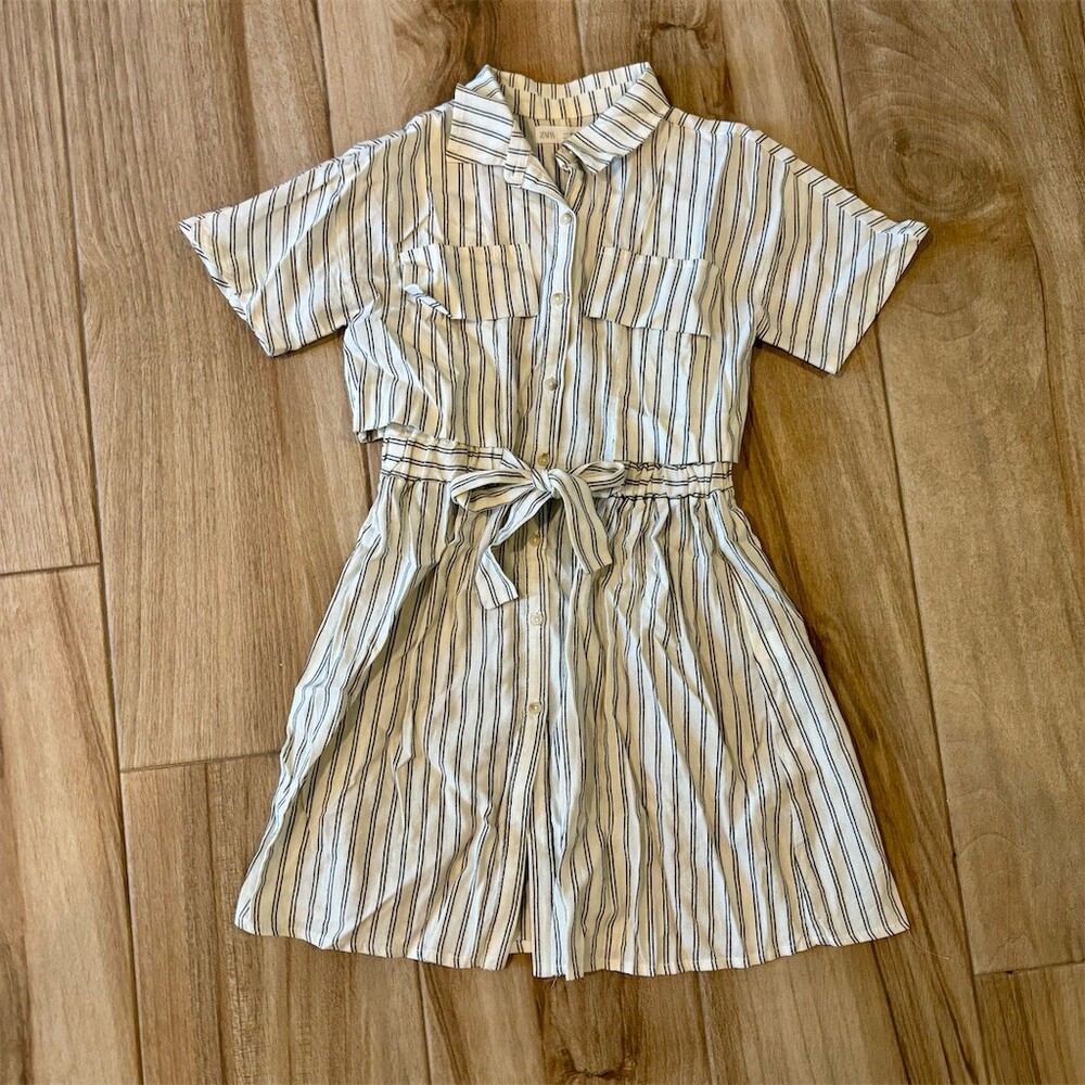 Zara Shirt Dress Girls 11-12 Ivory Striped Collared Tie Waist Button Front